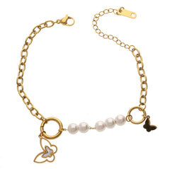 Anzu Pearl & Butterfly Bracelet | Gold Stainless Steel Mixed Media