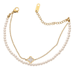 Anzu Layered Pearl Bracelet | Gold Stainless Steel Clover Charm
