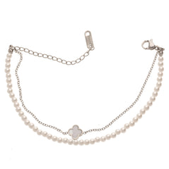 Anzu Layered Pearl Bracelet | Silver Stainless Steel Clover Charm