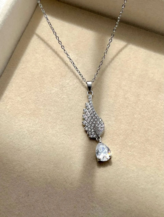 "Seraphic Spark" Angel Wing Pendant with Teardrop Crystal