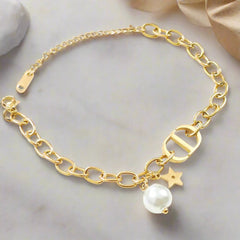 Star & Pearl Charm Bracelet | Chunky Gold Chain with Signature Link and Delicate Dangling Charms