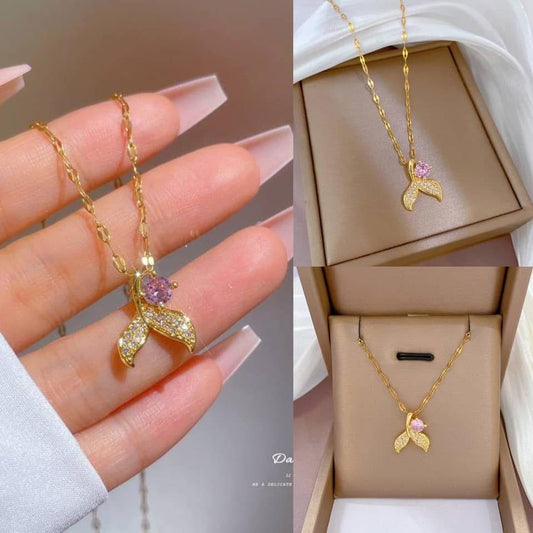 Ocean Whimsy | Mermaid Tail Pendant with Pink Crystal in Gold Finish