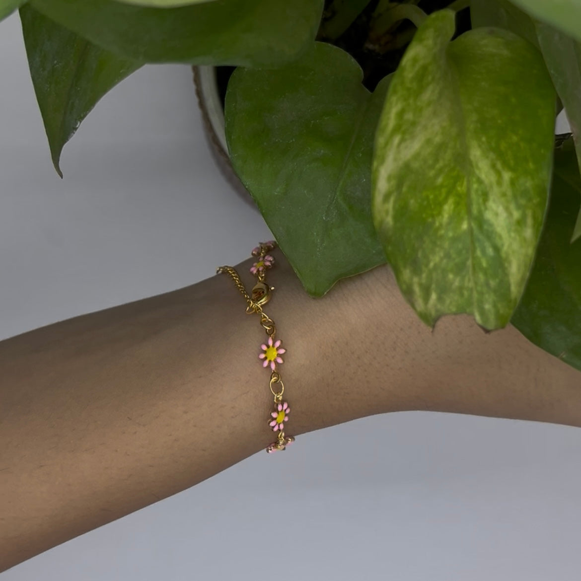 Cheerful Pink & Yellow Enamel Daisy Chain Bracelet | Adjustable