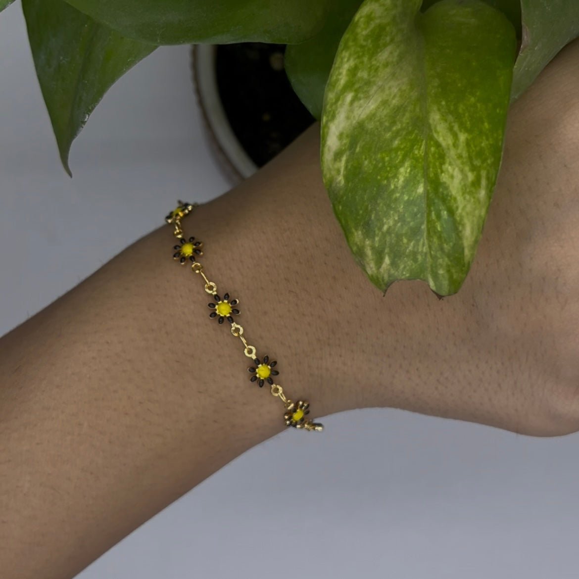 Cheerful Yellow & Black Enamel Daisy Chain Bracelet | Adjustable