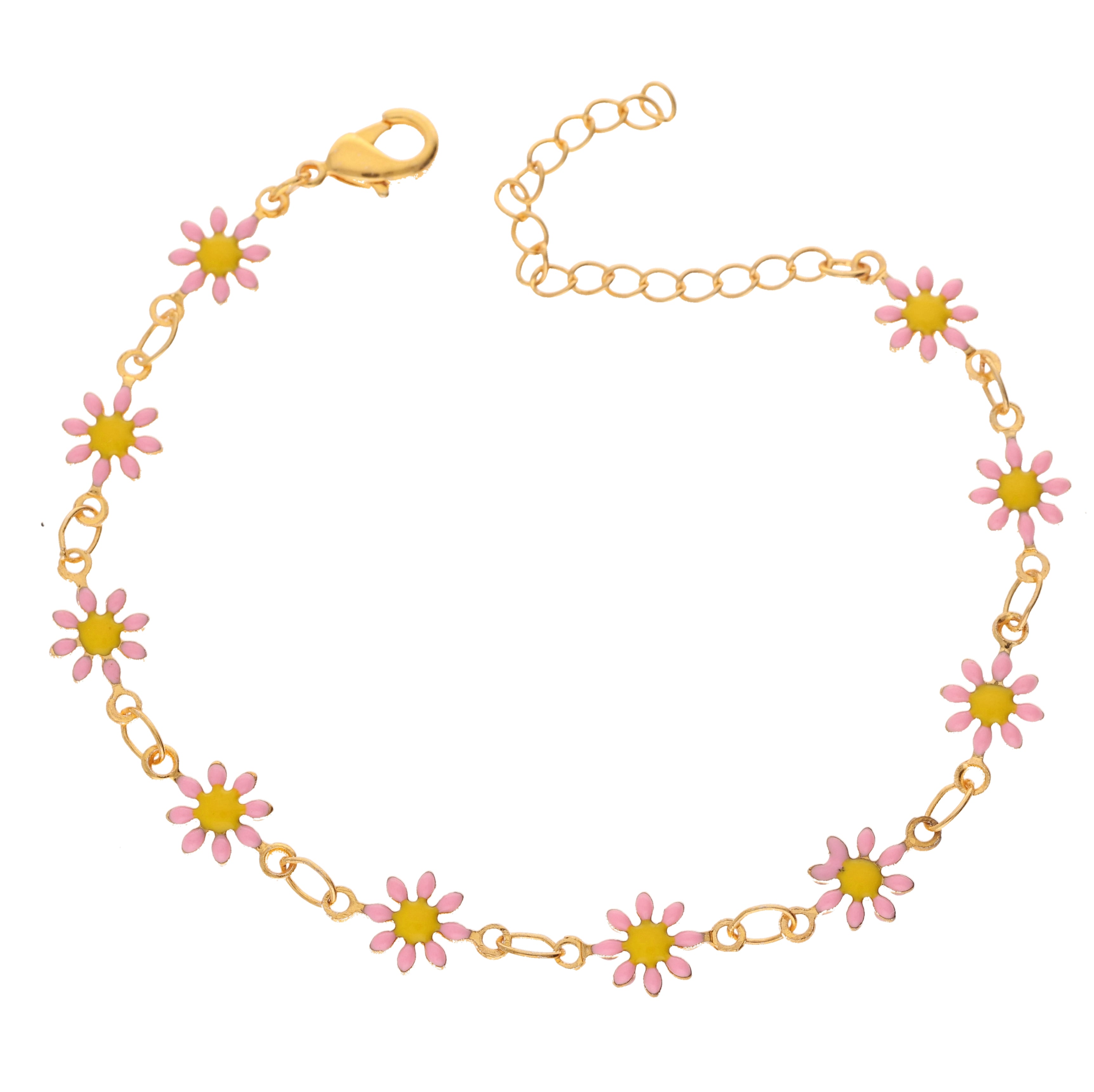 Cheerful Pink & Yellow Enamel Daisy Chain Bracelet | Adjustable