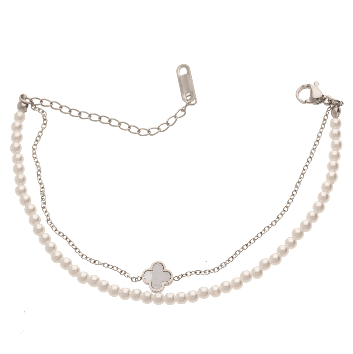 Anzu Layered Pearl Bracelet | Silver Stainless Steel Clover Charm
