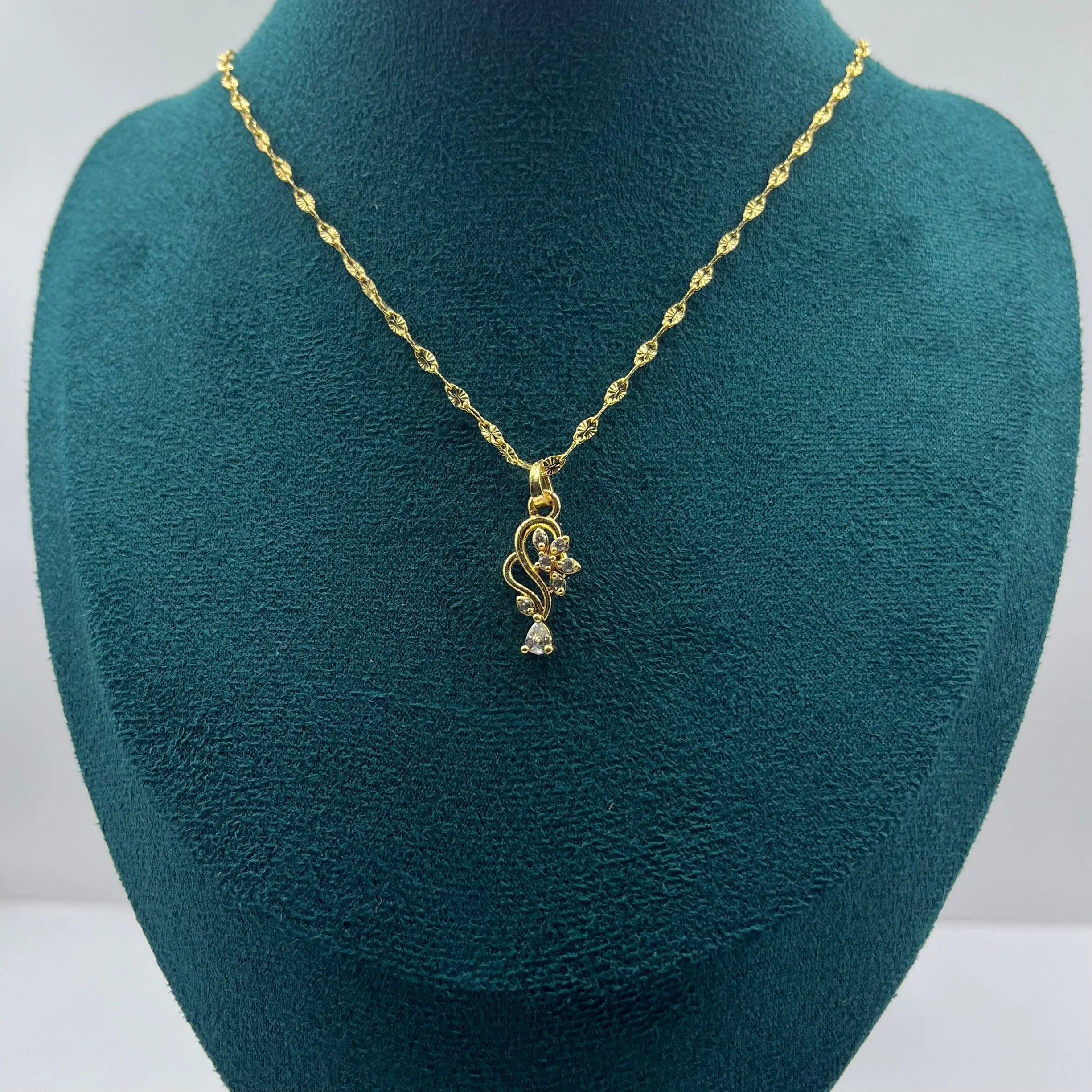 Floral Swirl Drop Pendant Necklace | 1g Gold Plated with Teardrop CZ