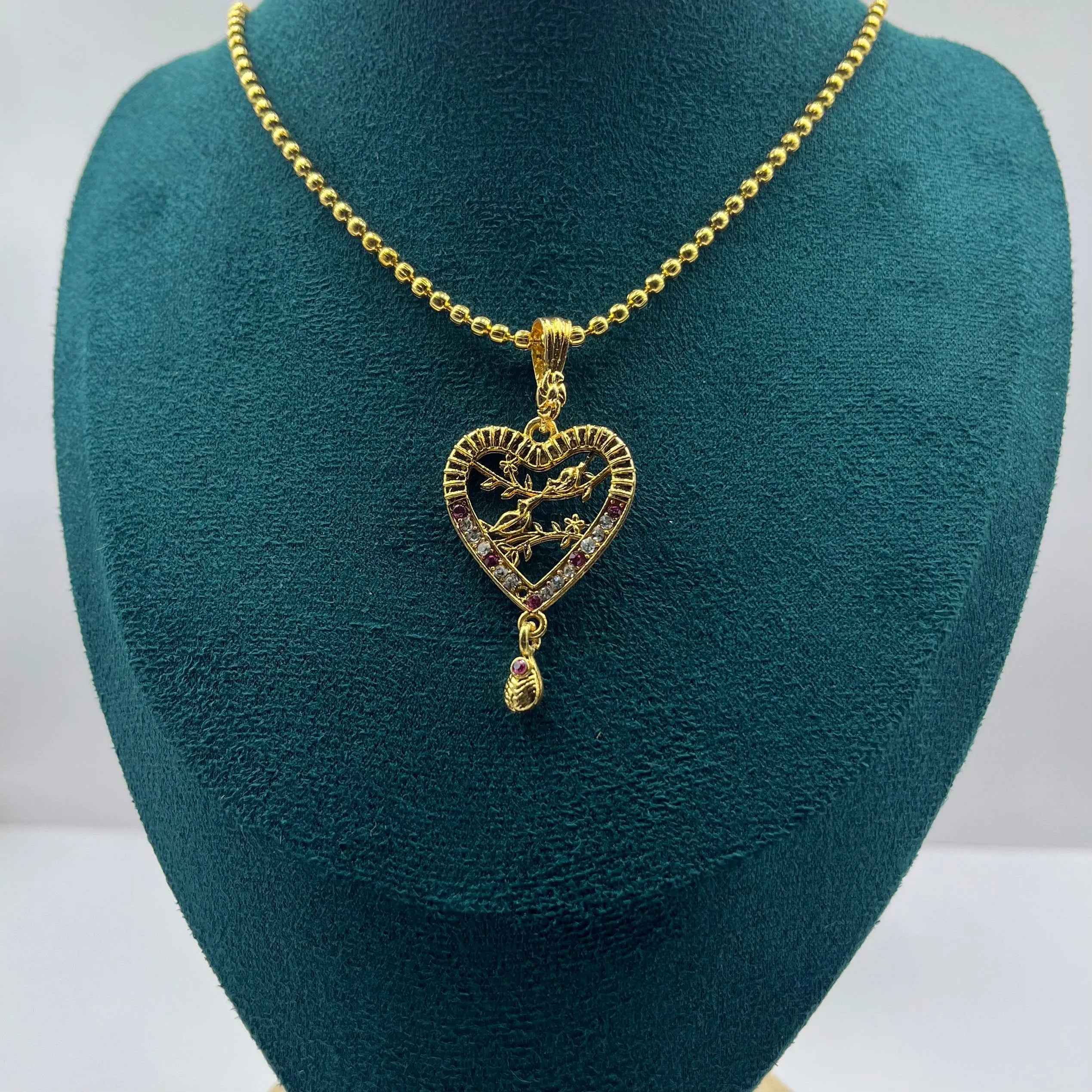 Ornate Heart Pendant with Tree Motif & Ruby Accents | 1g Gold Plated