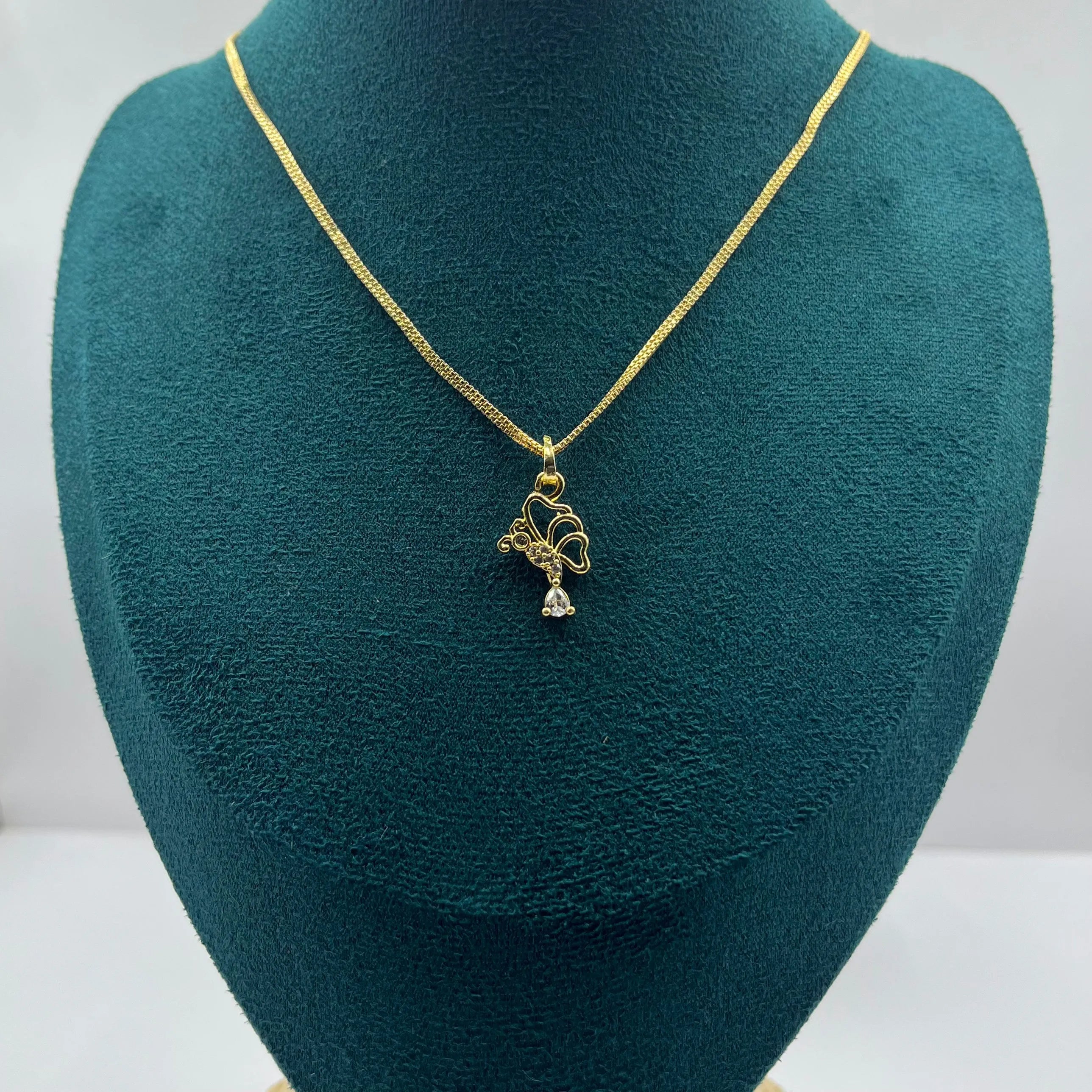 1GM Gold Plated Butterfly Charm Necklace | Dainty Dangler & CZ Drop Pendant