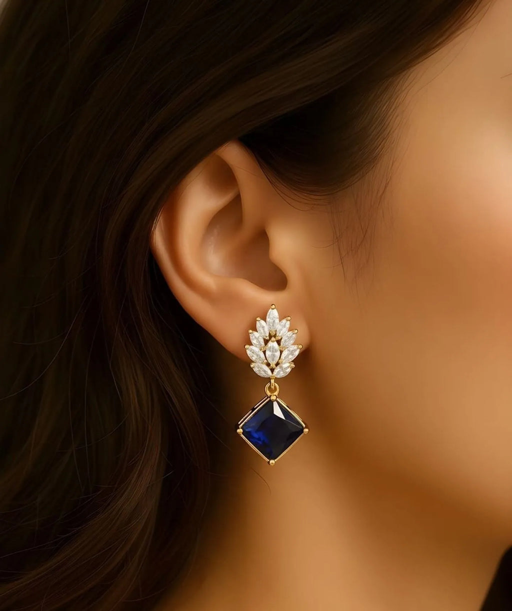 Dazzling Blue Gem Cluster Drop Earrings | 1g Gold Plated