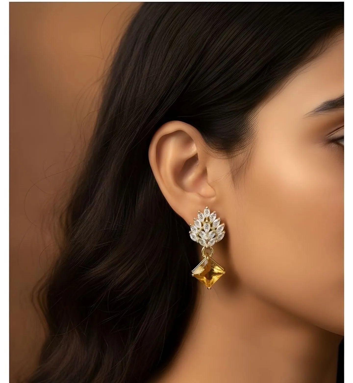 Dazzling Yellow Gem Cluster Drop Earrings | 1g Gold Plated