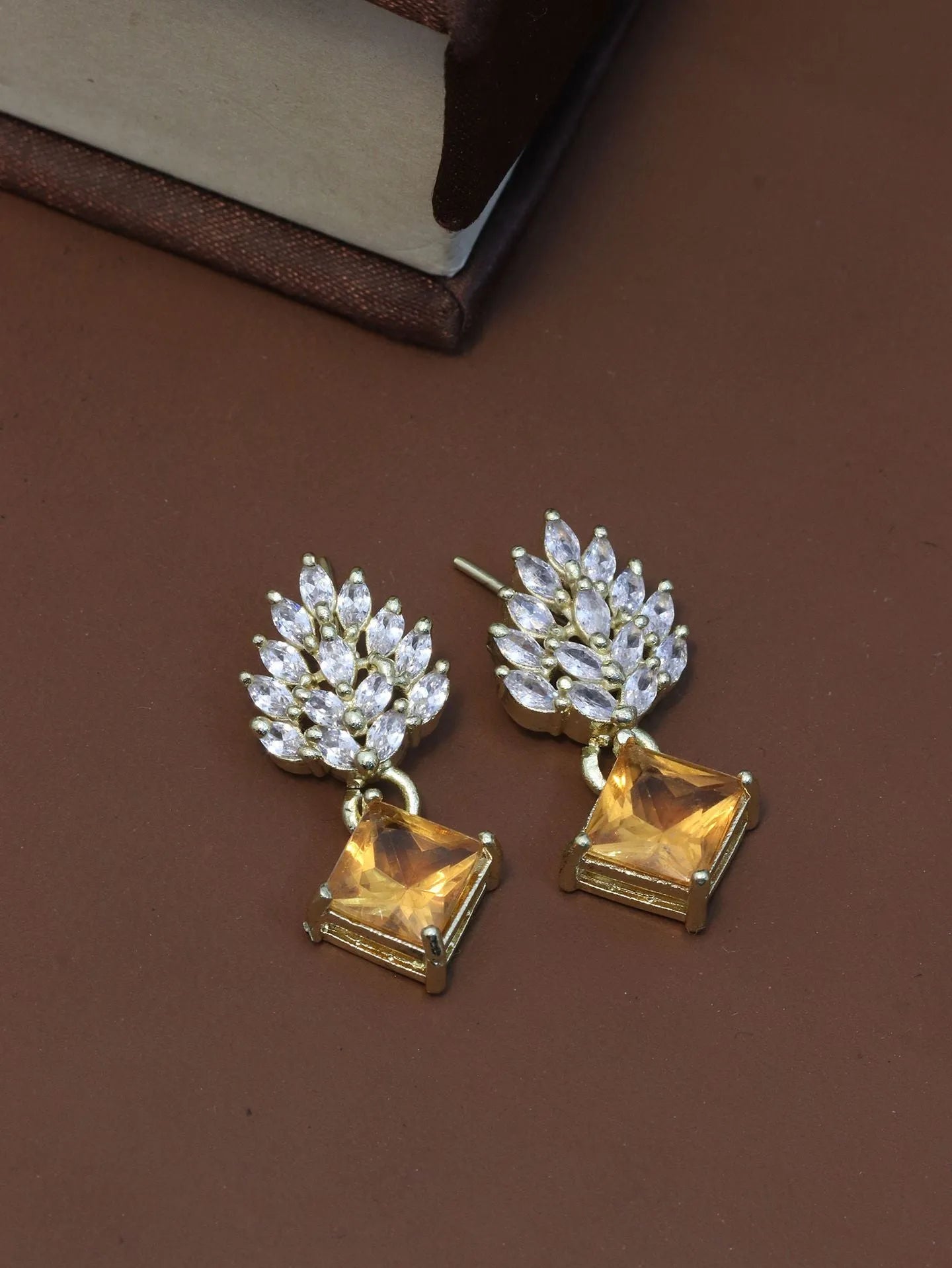 Dazzling Yellow Gem Cluster Drop Earrings | 1g Gold Plated