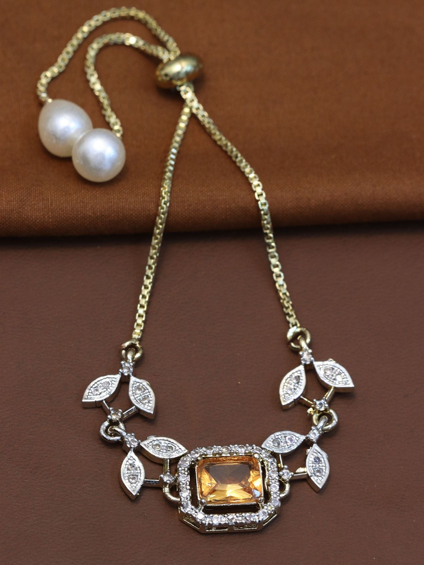 Citrine Gem and Pavé Leaf Bolo Bracelet | Adjustable | 1g Plated