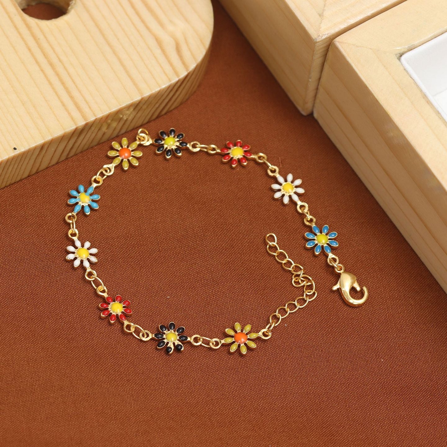 Boho Colorful Enamel Daisy Flower Chain Bracelet | Adjustable