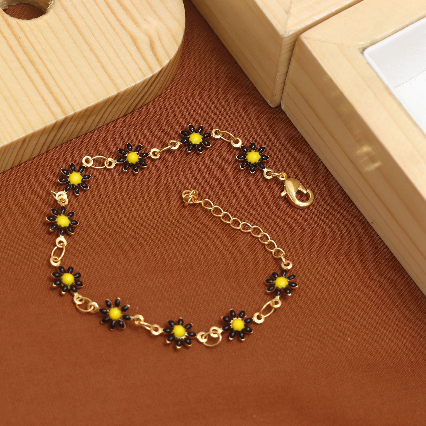 Cheerful Yellow & Black Enamel Daisy Chain Bracelet | Adjustable