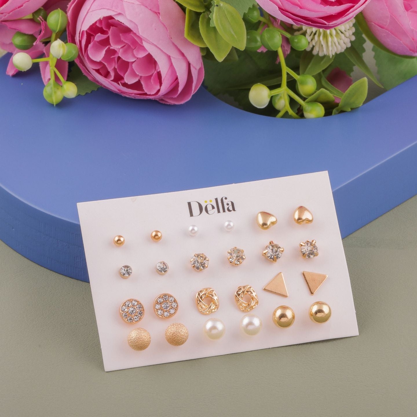 12 Pair Mixed Stud Earring Set | Gold Tone | Daily Wear Pack