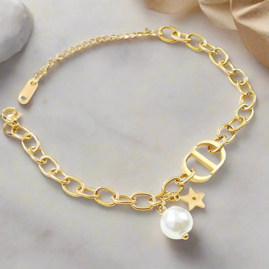 Star & Pearl Charm Bracelet | Chunky Gold Chain with Signature Link and Delicate Dangling Charms